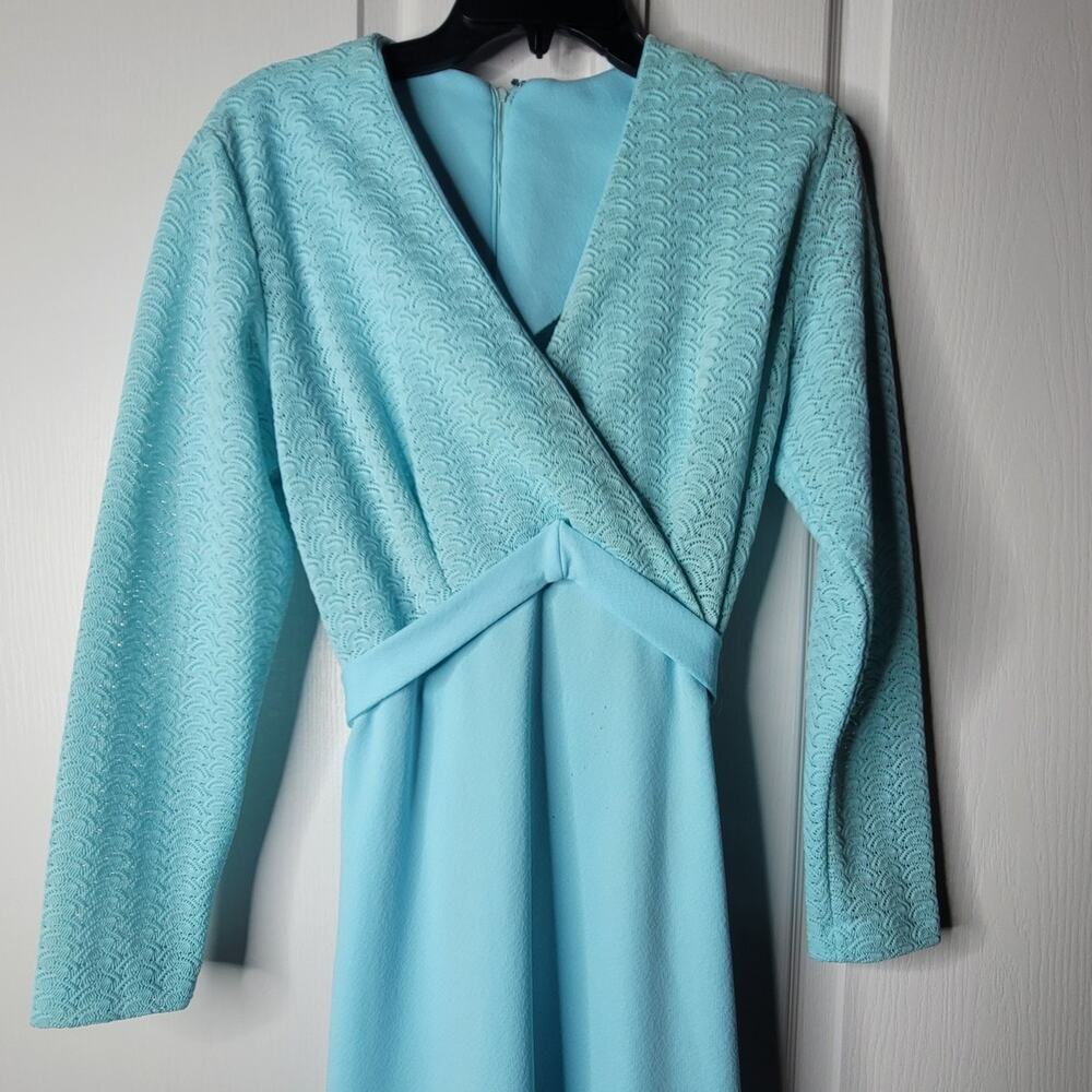 Vintage 70s Sears Blue Lace VNeck Maxi Dress Long Sleeve Mod Medium / Large Belt - Picture 7 of 9